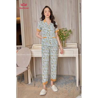 Bộ Pijama Lụa Set bộ mặc nhà Cúc Nhí Xanh Mix Vàng
