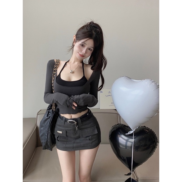 SET ÁO TRỄ VAI PHỐI YẾM ÔM FORM NỮ ULZZANG