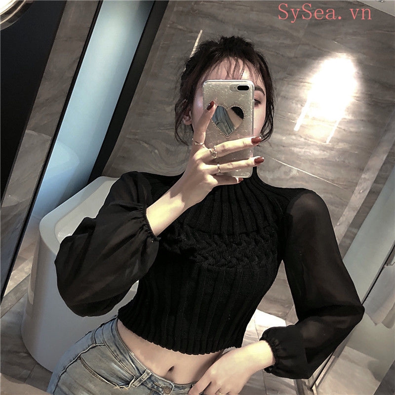 Women's White long Sleeve Croptop Sexy Knit Shirt