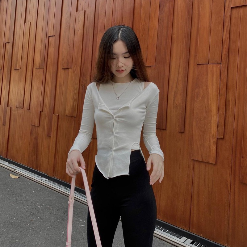 Áo Thun Tay Dài Màu Trơn Thiết Kế Xẻ Tà Kèm 2 Áo Tank Top