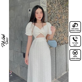 Đầm Xốp Hở Eo Dáng Dài Đen Trắng - Chất Vải Xốp Đứng Form Dày Dặn