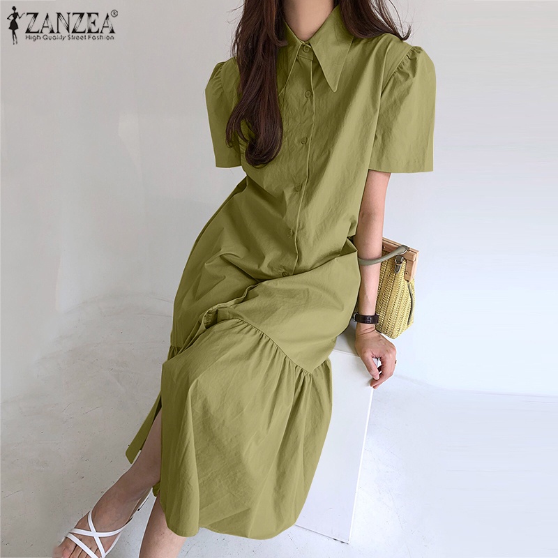 Đầm ZANZEA ngắn tay cổ bẻ dáng rộng thời trang Hàn Quốc cho nữ