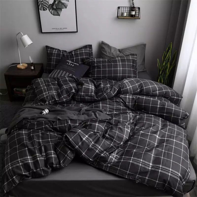 Bộ chăn ga gối Cotton Poly M2T bedding chăn ga nhập khẩu kẻ ô đen to miễn phí bo chun drap ga giường