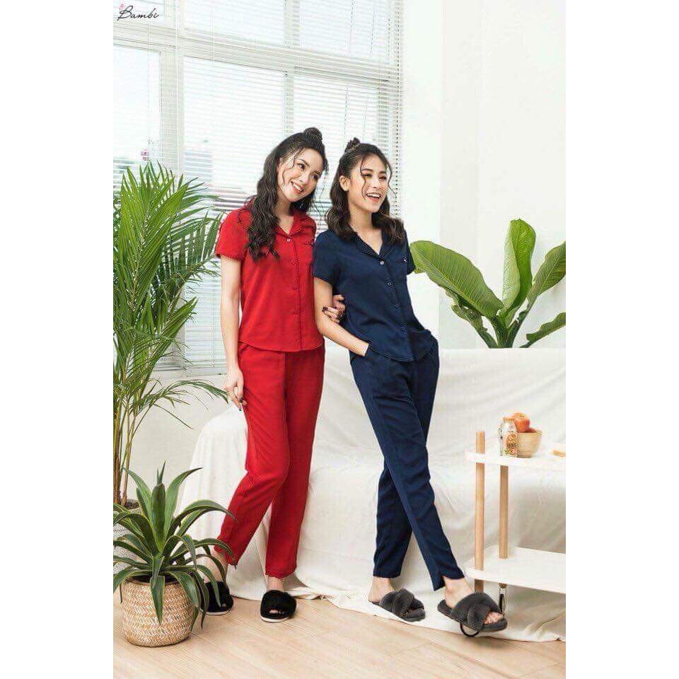 Đồ Bộ Pijama Lụa Trơn Nơ [Tay Ngắn Quần Dài]