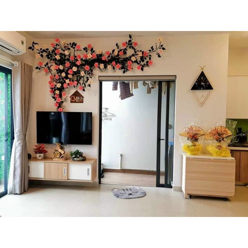 Hoa Giả Treo tường Dây Hồng Leo giả dài 1,7m dây hồng cổ với bông hồng xoăn trang trí decor