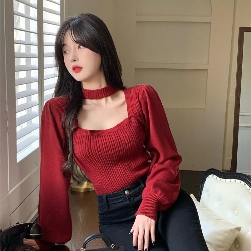 Áo sweater COZOKC dệt kim tay dài cổ vuông thời trang trẻ trung