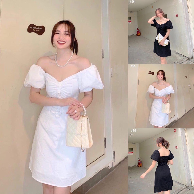 Đầm form A nhíu ngực tay phồng vải đũi 3 màu siêu xinh