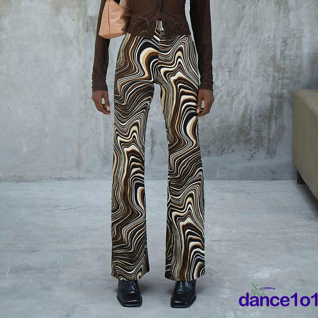 Quần ống loe lưng cao họa tiết gợn sóng cá tính dành cho nữ