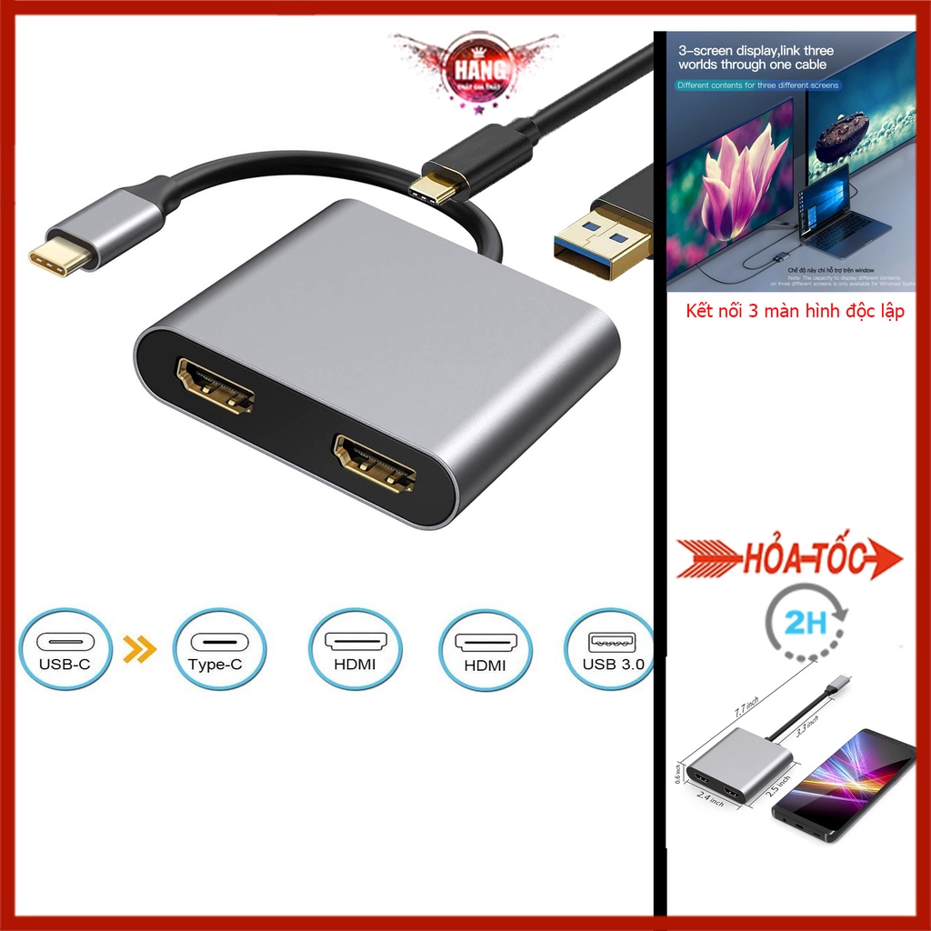 Hub Usb Type-c (Thunderbolt 3) ra 2 màn hình độc lập HDMI + HDMI hỗ trợ 4k60hz có hỗ trợ Thunderbolt 4 - Hồ Phạm