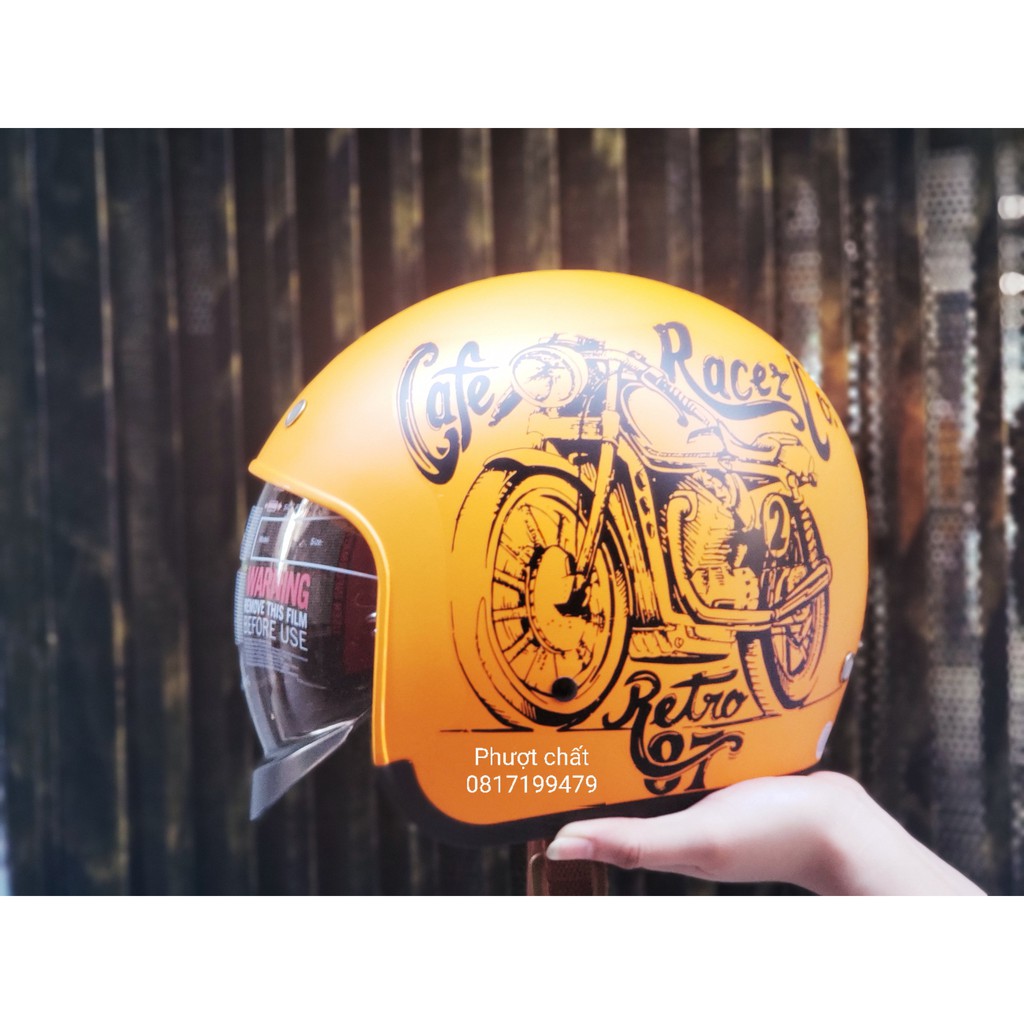 Mũ bảo hiểm 3/4 kính âm M139 màu vàng lên tem Cafe Racez siêu đẹp