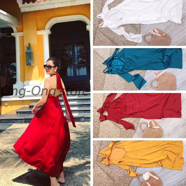 HOT!!! 💕[Ong-Ong store]💕 Váy maxi cổ yếm hở lưng hai lớp chất lụa Hàn