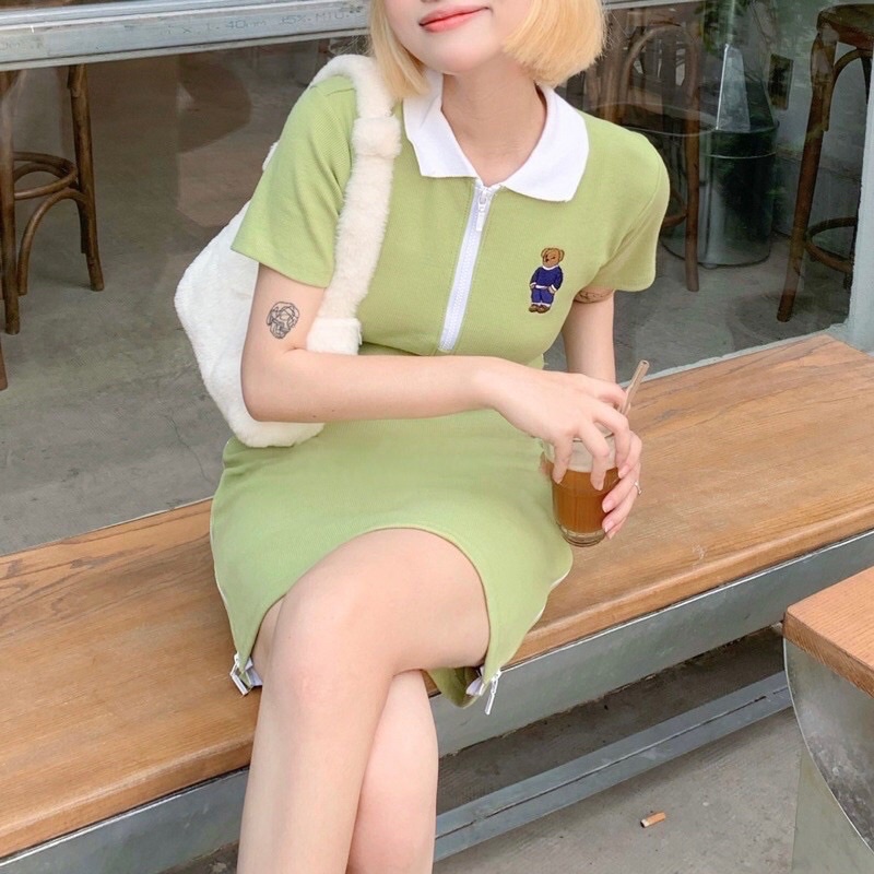 Đầm polo dây kéo có cổ ôm body chất thun gân Hàn Quốc - CUNCUN DRESS - XANH BƠ