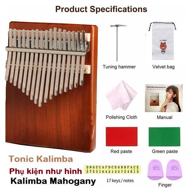 Đàn kalimba Tonic 17 phím giá rẻ gỗ thông Canada âm vang không tịt nốt phụ kiện như hình TONIC-M202185