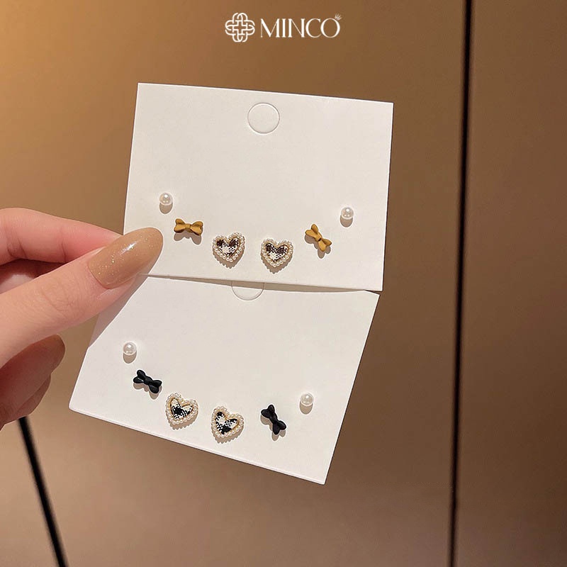 Bông tai nữ Minco Accessories sét ba khuyên tai nụ nơ trái tim xinh xắn phụ kiện thời trang đẹp cho nữ BT66