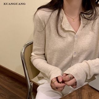 Áo Khoác Cardigan Dệt Kim Mỏng Tay Dài Cổ Tròn Màu Trơn Cài Nút Phong Cách Pháp Thời Trang Mùa Thu Cho Nữ