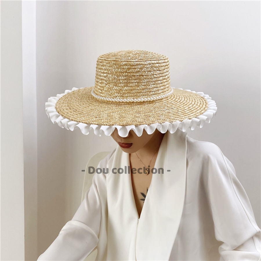 [NowShip2h] Nón Cói (Mũ Cói) Rơm Raffia Sợi Tự Nhiên Xếp Ly Ren Phối Dây Hạt Trắng Chống Nắng Đi Biển - Mã NC024