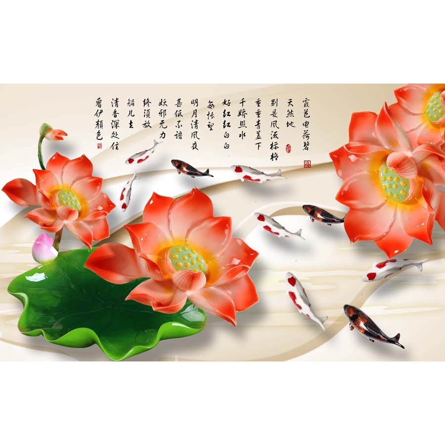 Tranh cá chép dán tường khổ lớn 3D, không giới hạn kích thước