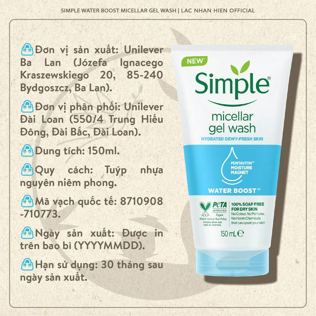 SỮA RỬA MẶT CẤP ẨM LÂU DÀI SIMPLE WATER BOOST MICELLAR GEL WASH CHO DA NHẠY CẢM KHÔ VÀ MẤT NƯỚC