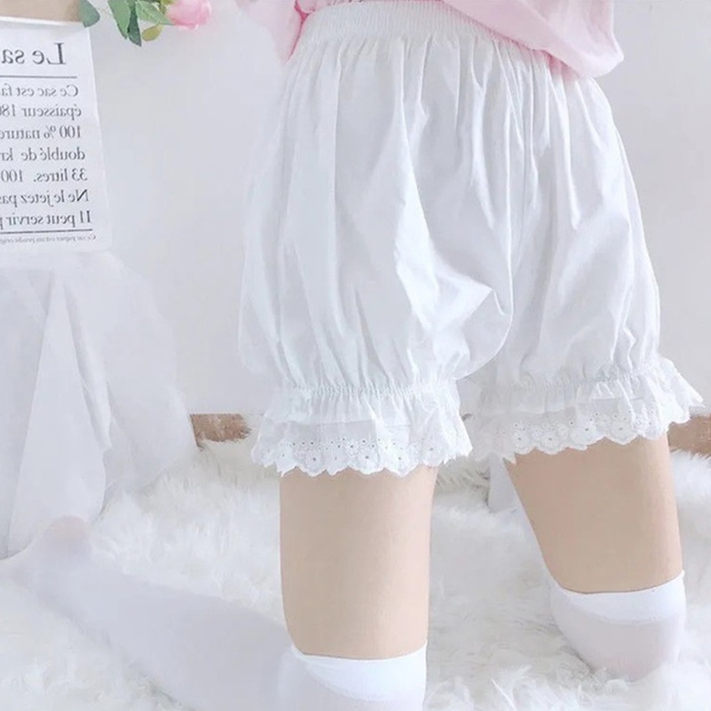 Quần đùi bảo hộ cổ điển Lolita rộng dáng quả bí đỏ cột nơ với gấu quần phối ren bèo lưng thun màu trơn cho nữ | BigBuy360 - bigbuy360.vn