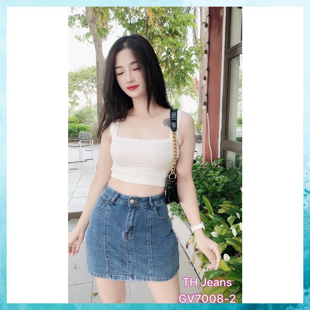 [TH Jeans] Quần jeans nữ, quần bò giả váy lưng cao túi chéo phối gân. Mã V4115