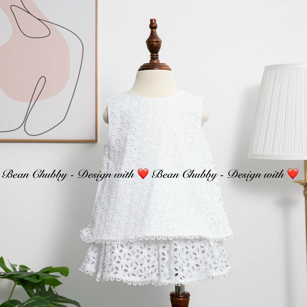 Set bộ thô thêu trắng bé gái công chúa tiểu thư cực xinh, cách điệu xẻ lưng 8-36kg