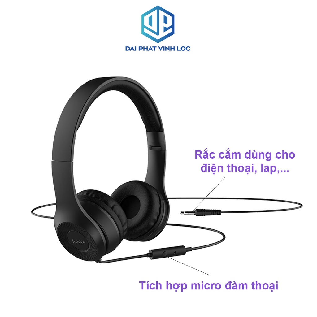 Combo Tai nghe chụp tai gấp gọn headphone có mic có dây hoco w21 cao cấp cực bền bass sâu chống ồn chống nhiễu Đại Phát
