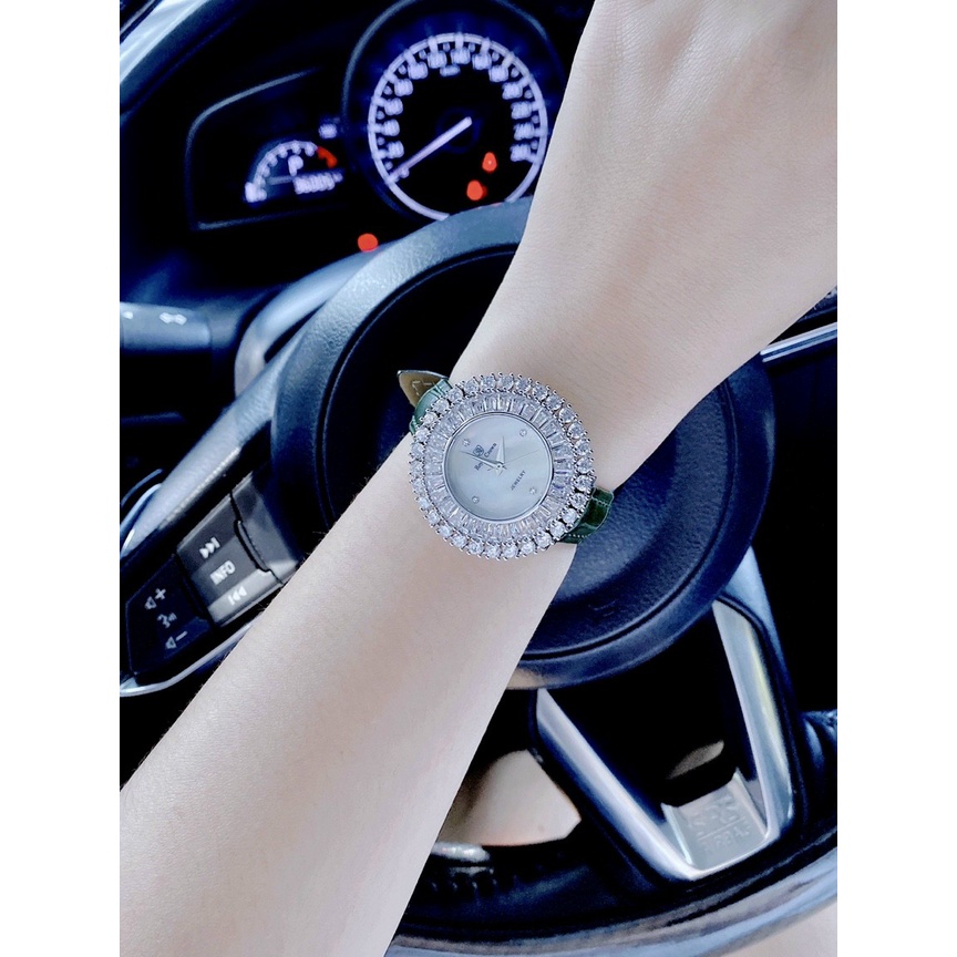 Đồng hồ nữ dây da, đồng hồ nữ chính hãng ROYAL CROWN đính kim cương nhân tạo Swarovski siêu cao cấp dây xanh lá cực đẹp