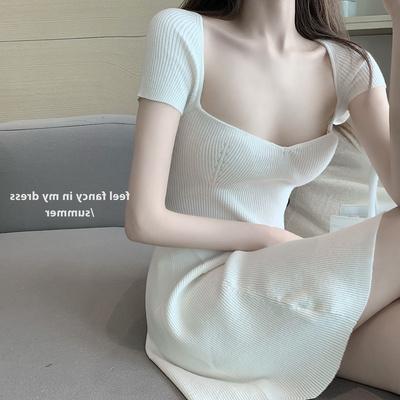 SUXI Đầm dệt kim ngắn tay cổ vuông thiết kế xinh xắn dành cho nữ