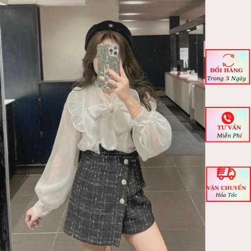 Áo sơ mi voan tơ nữ tay bồng cổ nơ ngọc tiểu thư bánh bèo ulzzang Hàn Quốc