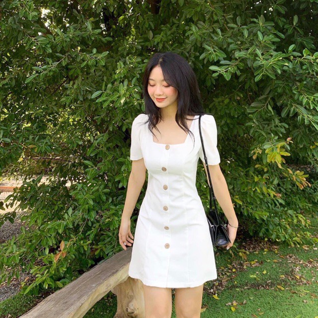 Đầm váy freesize cổ U nút dừa 2 màu