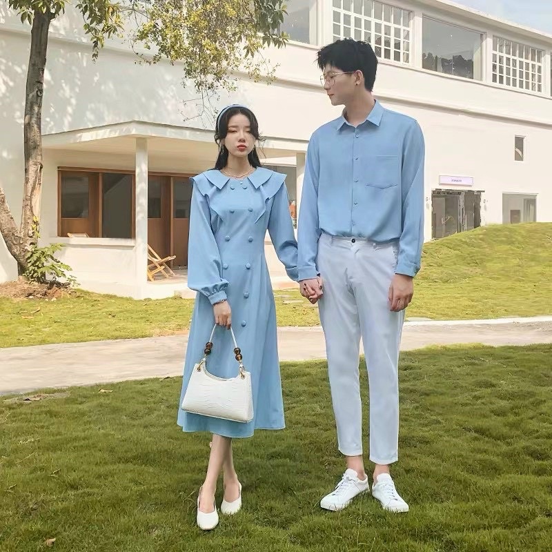 Set áo đầm đôi sơ mi đàm nữ dáng dài phong cách Hàn Quốc áo cặp tình nhân