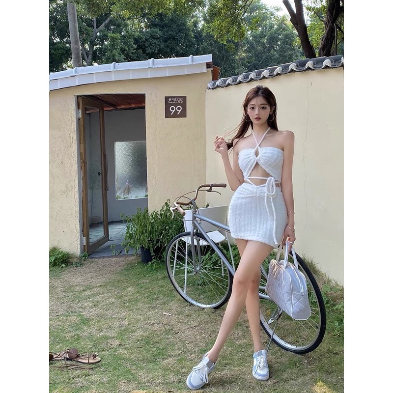 Set áo croptop+chân váy lông Ulzzang
