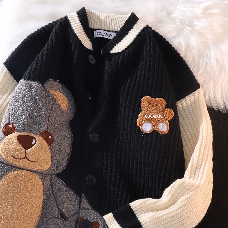 Áo khoác cardigan cài nút in hình gấu kiểu dáng cổ điển cho nữ