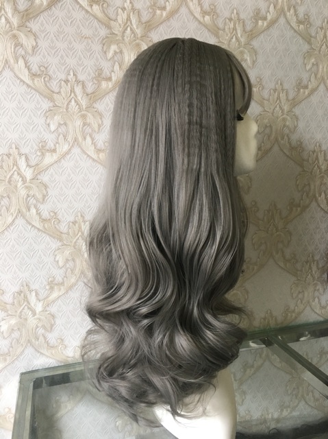 Tóc giả nguyên đầu xoăn màu xám khói đẹp từng centimet, mã 8136, tặng kèm lưới trùm tóc wig.