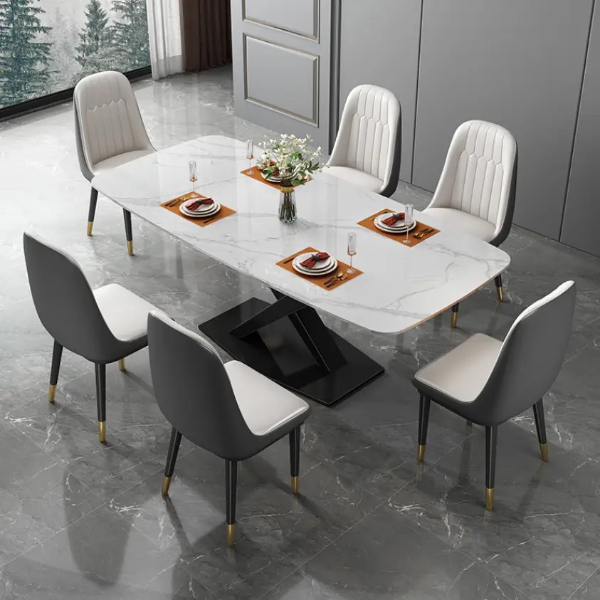 Bàn ăn mặt đá ceramic bóng chân chéo kết hợp ghế Monet