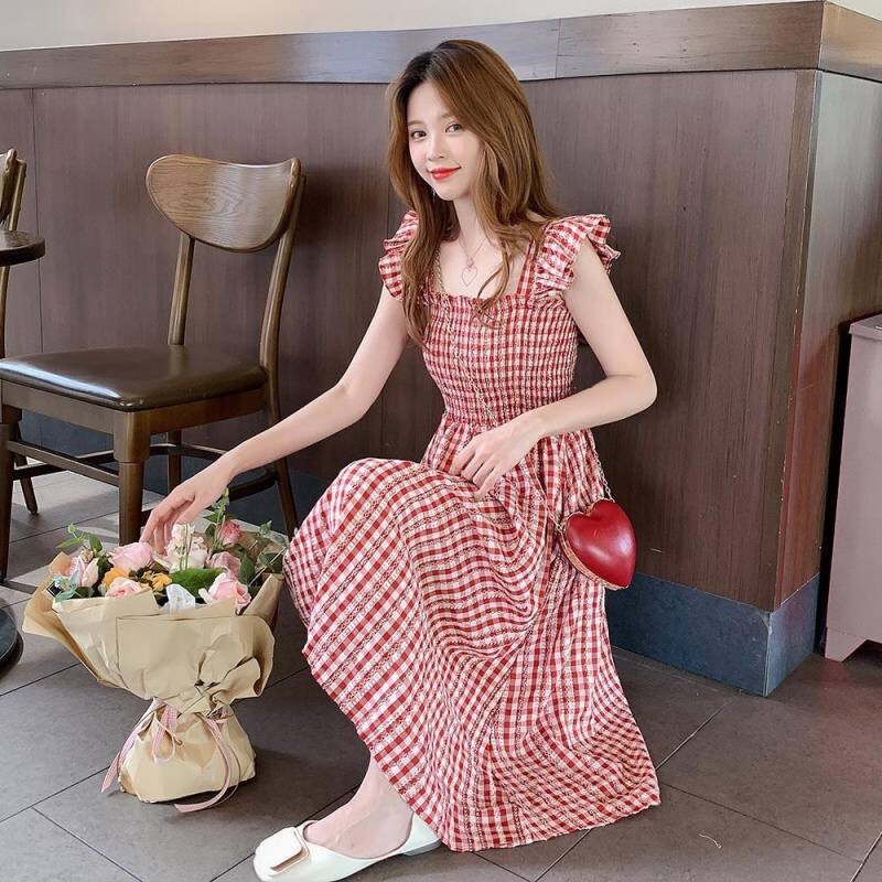 Váy kẻ sọc nhỏ có chứa chất liệu cotton mới mùa xuân và hè dây treo kiểu dáng ống khói không tay