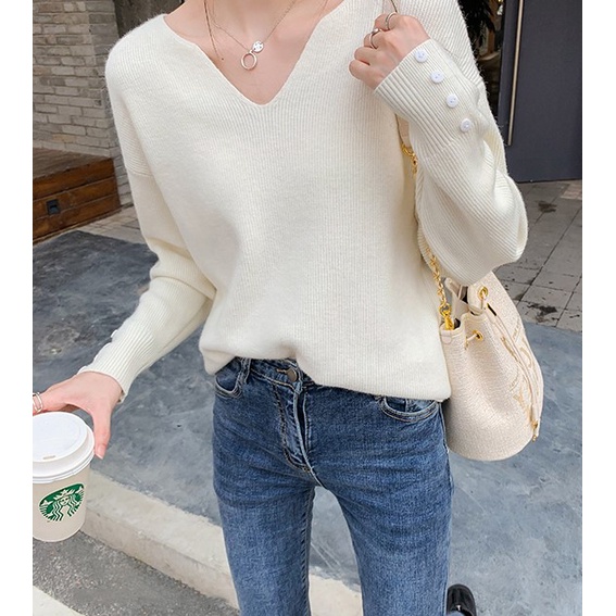 Áo dệt kim Xiaozhainv dáng rộng tay dài cổ V có 4 màu thời trang