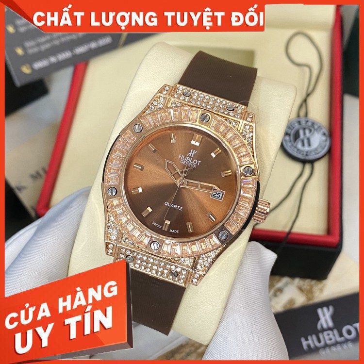 (Hublot hương vani)  Đồng hồ nữ Hublot máy pin size 36 đính viền đá dây silicon- Bảo hành 12 tháng