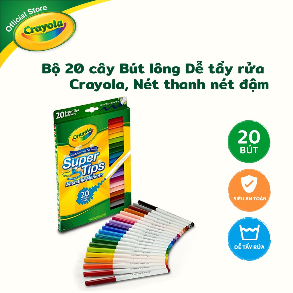 [Mã LIFECRA1212 giảm 10% đơn 250K] Bộ 20 cây Bút lông Dễ tẩy rửa Crayola Supertips, Nét thanh nét đậm - 588106