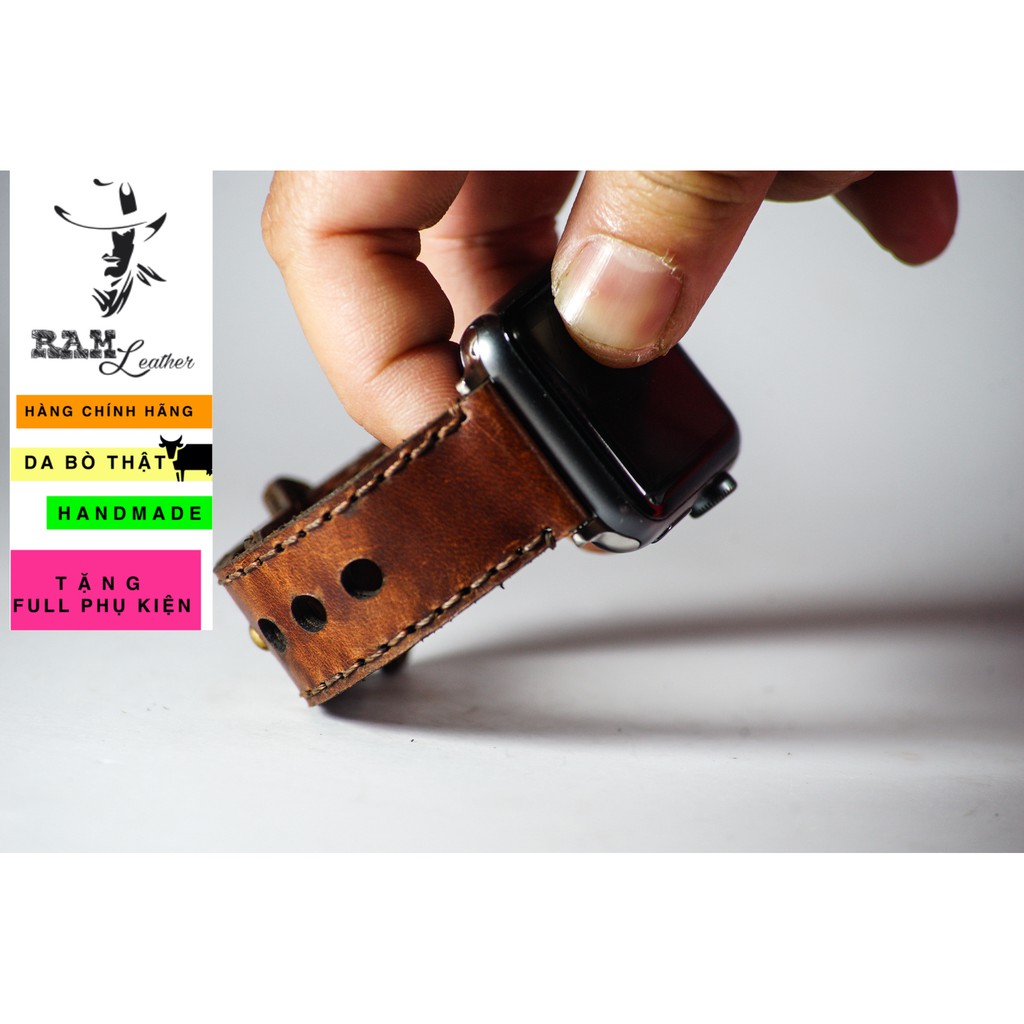 Dây đồng hồ Apple Watch , Iwatch , Iphone Watch Da Bò Thật Nâu Đỏ RAM Leather V3  Bền Đẹp