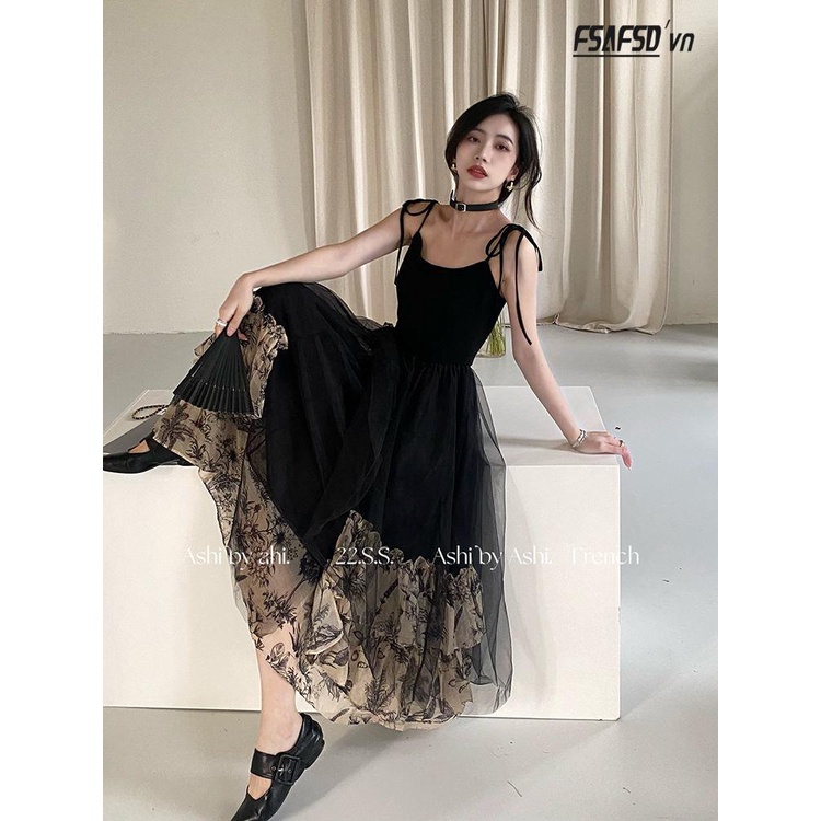 Đầm Hai Dây Màu Đen Phong Cách Retro Quyến Rũ Cho Nữ