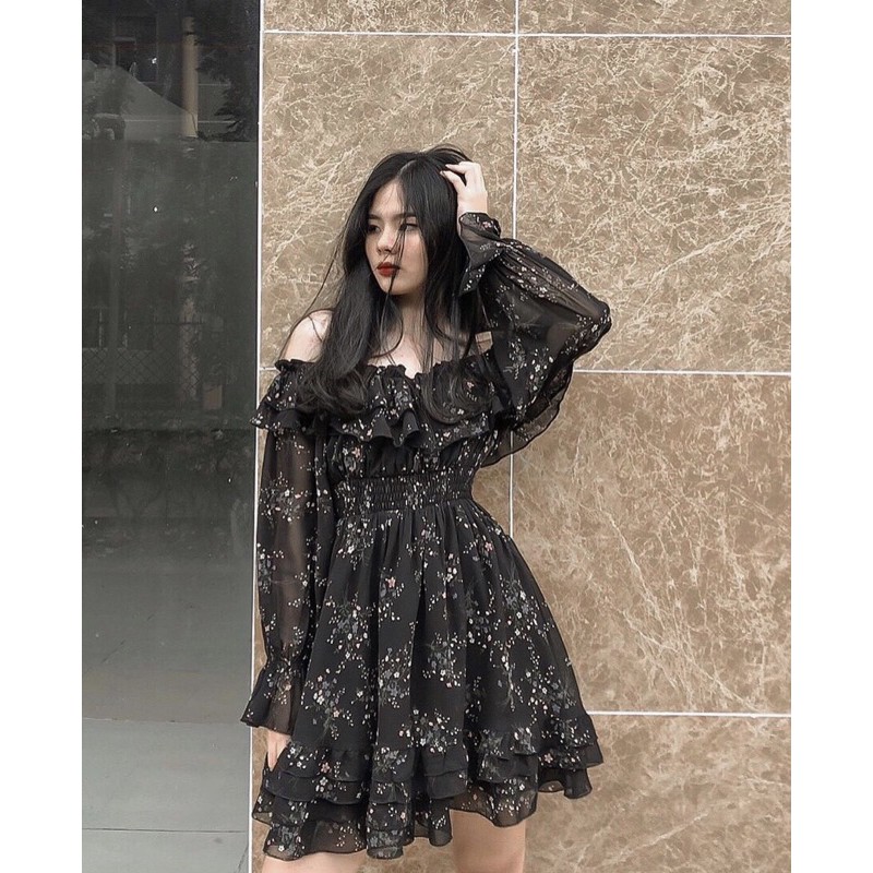 Đầm hoa nhí vintage SANJOLI váy voan hoa nhí trễ vai tay phồng, đi dự tiệc, đi chơi, đi làm thiết kế VD005 | BigBuy360 - bigbuy360.vn