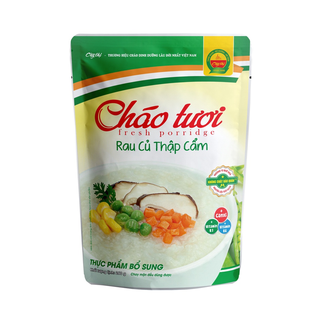 Combo 10 Gói Cháo Tươi Cây Thị: 2 Gà Ác Đậu Xanh, 2 Thịt Bò, 2 Thịt Heo, 1 Cá Hồi, 1 Cá Lóc, 1 Lươn Đậu Xanh, 1 Rau Củ