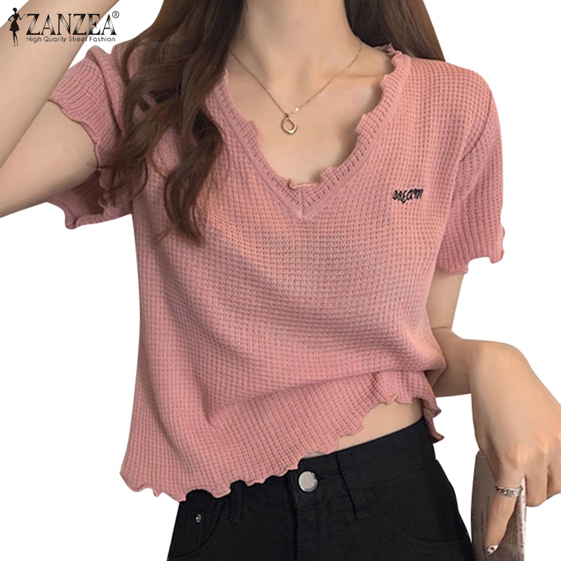 Zanzea Áo Nữ Dệt Kim Ngắn Tay Cổ Chữ V Thời Trang Hàn