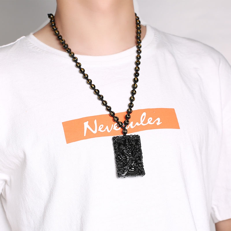 Vòng cổ Mặt Đá Obsidian Khắc Hình Quan Công Cho Nam