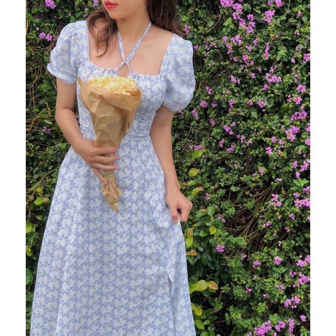Váy hoa nhí tay phồng xẻ tà dáng dài phong cách Hàn Quốc size S M CHIEDESIGN