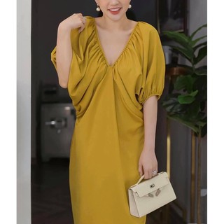 Đầm Lụa Dáng Suông Cổ V Tay Phồng