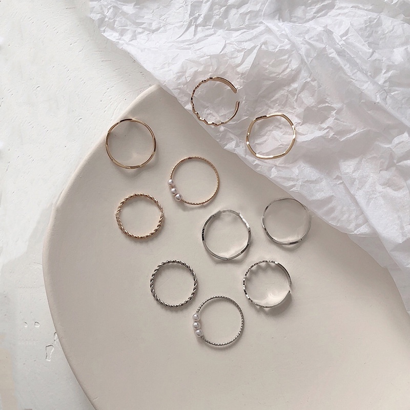 Bộ Nhẫn Hợp Kim Màu Vàng/Bạc Đính Ngọc Trai Thời Trang