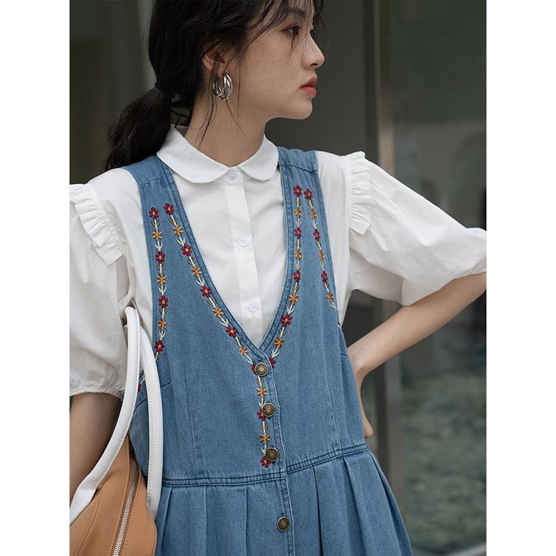 IMAODOU Đầm denim kiểu chữ A phong cách mùa hè Hàn Quốc kiểu đường thêu giản đơn dành cho nữ 2022