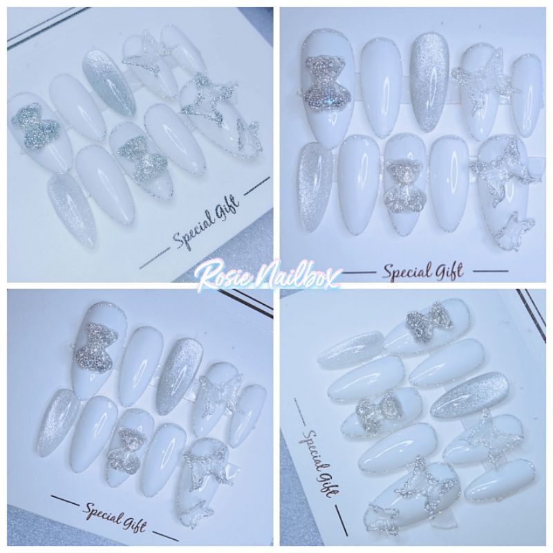 Nailbox Móng úp màu trắng mix mắt mèo nhũ kim cương sang chảnh phù hợp đám cưới, tiệc, dạ hội